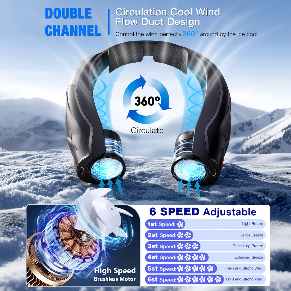 Black Portable Neck Fan with Six Adjustable Speeds and USB Rechargeable Design, Hands-Free Wearable Personal Airflow for Outdoor Travel, Office and Leisure