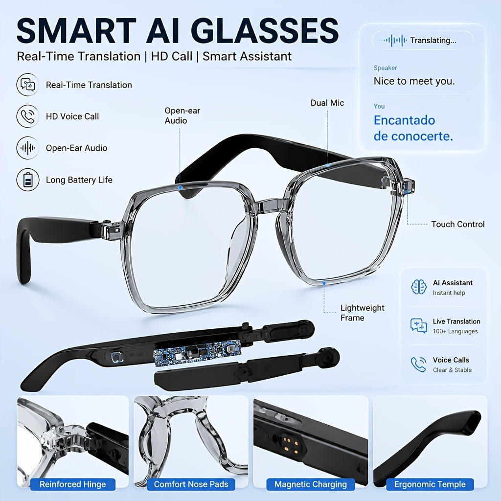 Wireless Music Glasses with Listed AI Translation and Stereo Speaker Functions, Smart Audio Eyewear for Compatible Smartphone and Tablet Setups and Everyday Listening
