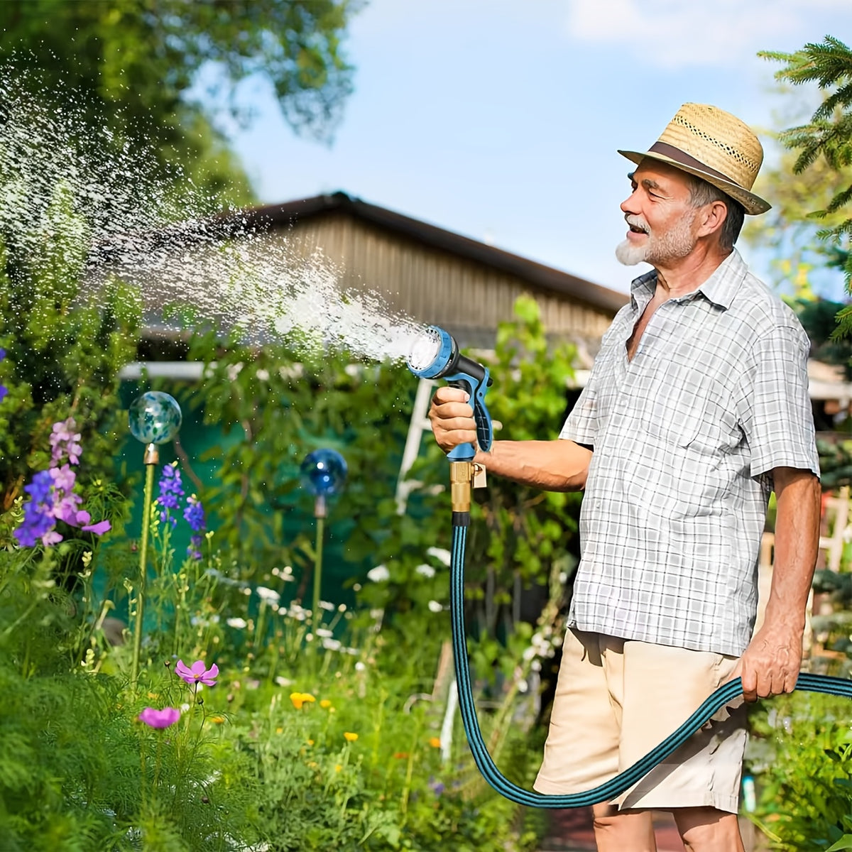 Non-Expandable Garden Hose with Listed Ten-Function Spray Nozzle, 10, 15, 50 or 100 Foot and Selected Kit Options for Yard Watering, Lawn Care and Vehicle Rinsing
