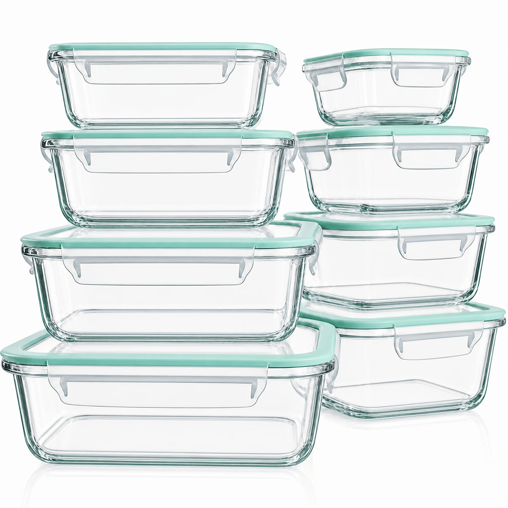 Green Glass Food Storage Containers with Locking Lids and Removable Silicone Seals, 16-Piece or 24-Piece Sets for Meal Prep, Lunches and Leftovers
