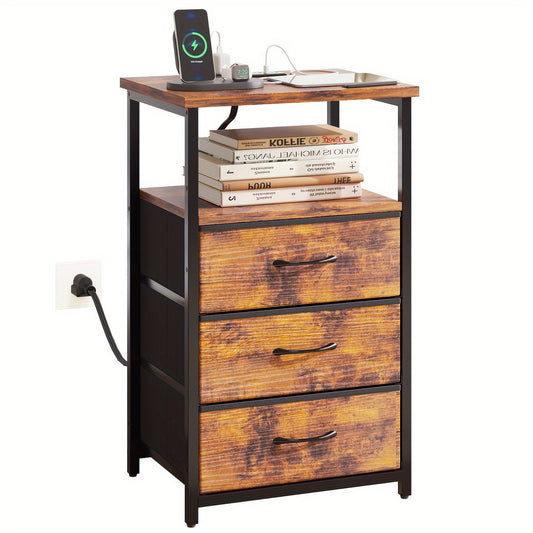 Three-Drawer Fabric Nightstand by WHONLINE with Metal Frame, Open Wood Shelves and Adjustable Feet, Single or Two-Piece Options for Bedroom and Dorm Storage