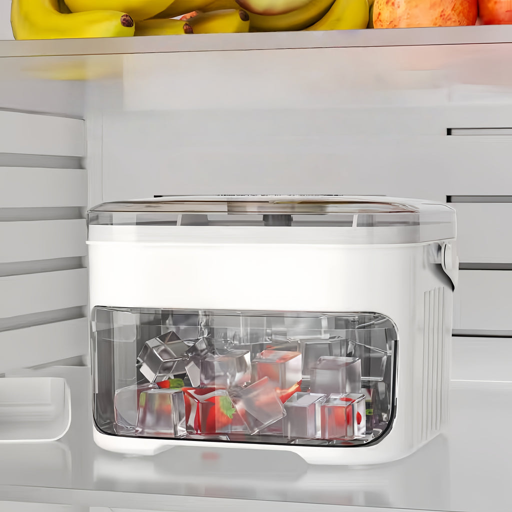 Press-Style Ice Cube Mold and Storage Box, White Dual-Layer Design with Listed Lid for Homemade Ice Preparation and Storage in Compatible Freezer Spaces