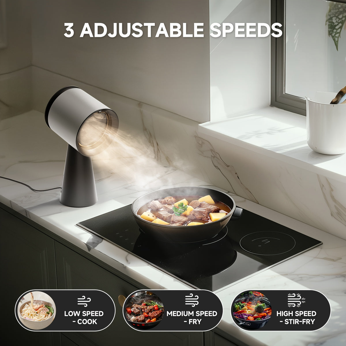 Desktop Range Hood by AMZCHEF in Black Golden with Three Speeds, Detachable Three-Stage Filter, LED Light and Overflow Cup for Compatible Countertop Cooking Setups