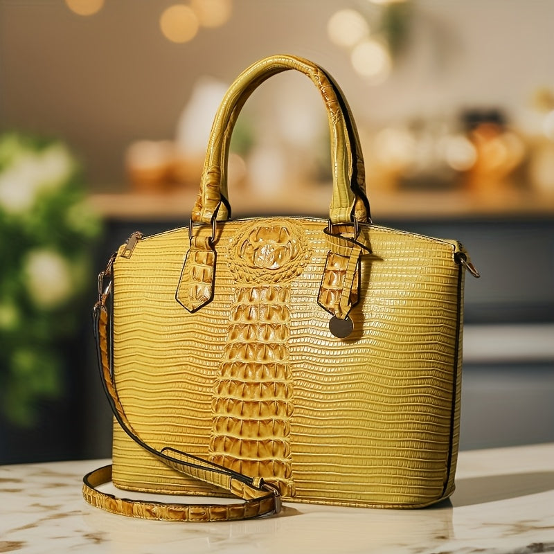 Crocodile-Design Work Handbag for Women with Detachable Shoulder Strap and Zipper Closure, Spacious Crossbody-Style Purse for Office and Everyday Wear
