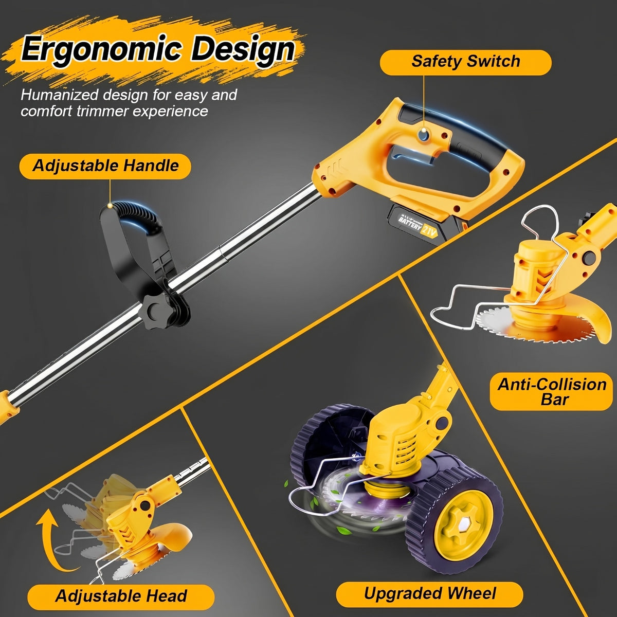 Battery Powered Weed Wacker with Lithium-Ion Battery and 3 Blade Types, Portable Cordless Grass Trimmer for Home Yard and Garden Care