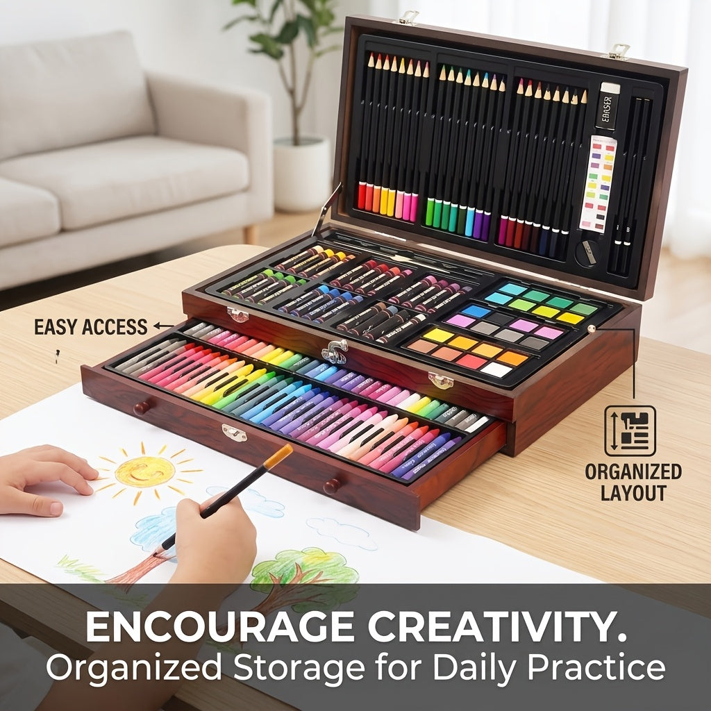 Wooden Case Art Set, 145-Piece Three-Layer Selection with Crayon, Oil Pastel, Watercolor Cake and Colored Pencil References for Drawing and Painting