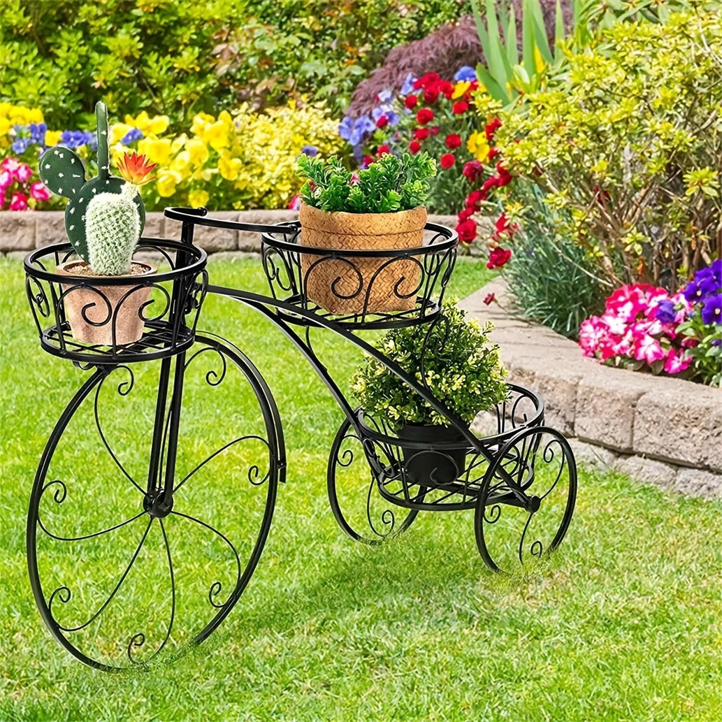 Tricycle Plant Stand in Black or White with Three Iron Pot Holders, Decorative Bicycle Flower Display with Fixed Wheels for Home and Suitable Patio Spaces