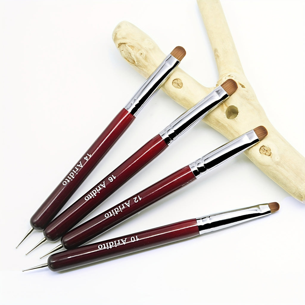 French Manicure Brush Set by Aridito, Four-Piece Nail Art Selection with Red Wood Handles, Metallic Ferrules and No. 10, 12, 14 and 16 Size Labels