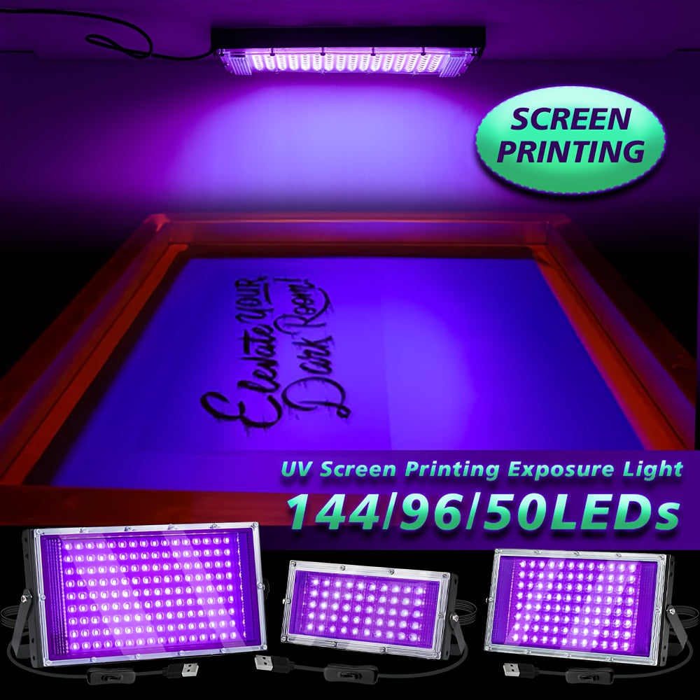 UV LED Screen Printing Exposure Lights, Three-Pack with 50-LED or 96-LED Option Labels, Listed 385–400nm Wavelength, USB Plug, Switch and 59.06-Inch Cord