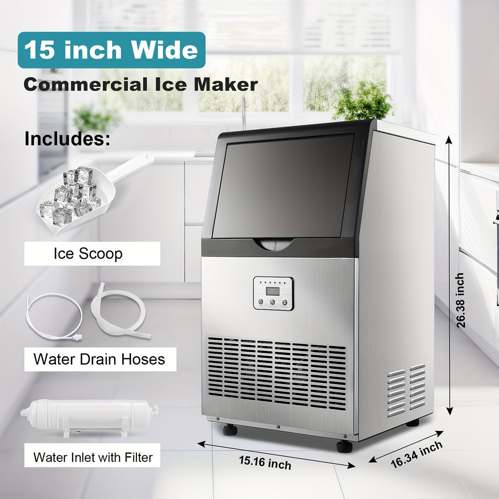 Commercial Ice Maker with Listed 100lb Daily Production and 13lb Storage Bin, Silver Freestanding or Under-Counter Ice Machine with Filter and Scoop