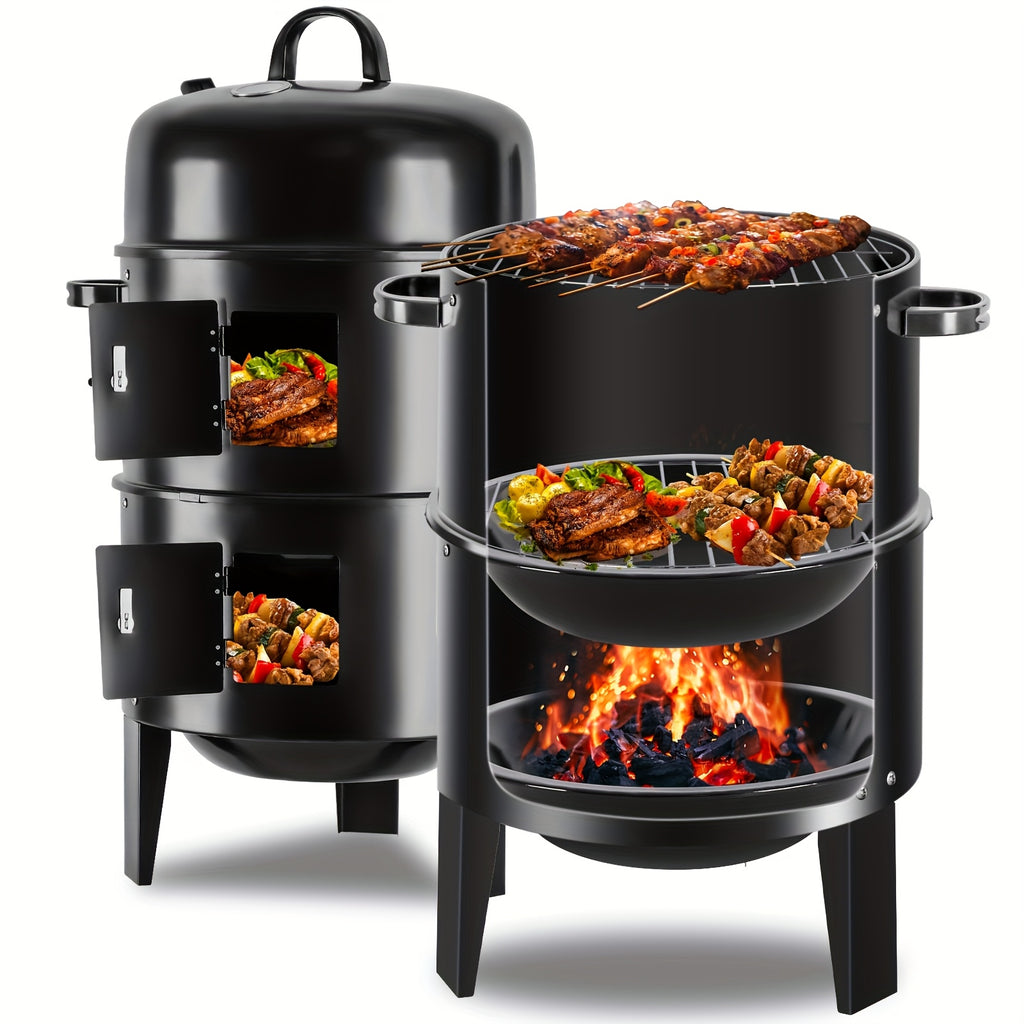 Vertical Charcoal Smoker Grill, Black 16-Inch Three-Tier Outdoor Cooker with Listed 400-Square-Inch Cooking Area and Two BBQ Tongs for Backyard Cookouts