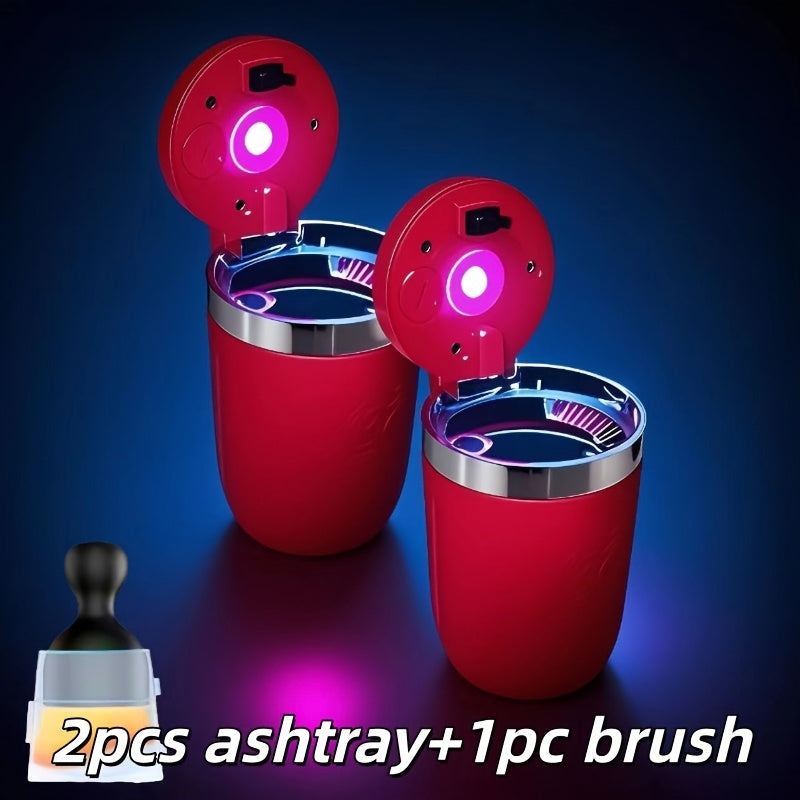 Automatic Car Ashtray with Detachable Cleaning Brushes, Compact Battery-Powered Vehicle Accessory in Black, Blue or Red Single and Paired Option Labels