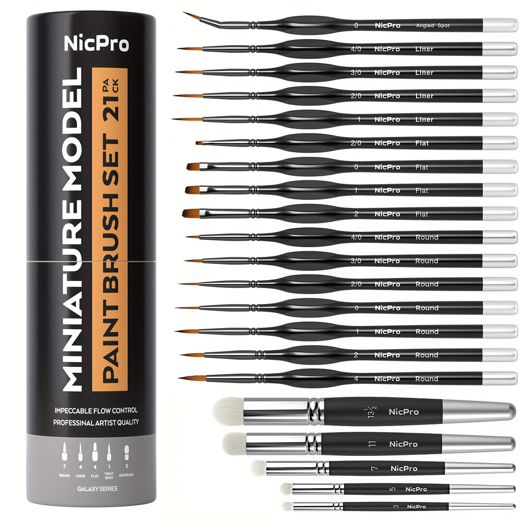 Miniature Paint Brush Set by Nicpro, 21-Piece Detail Painting and Drybrush Kit with Container for Acrylic, Watercolor, Models and Paint by Number