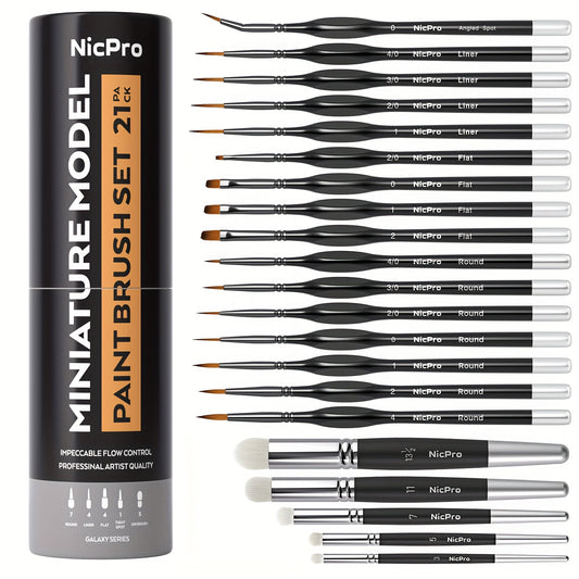 Miniature Paint Brush Set by Nicpro, 21-Piece Detail Painting and Drybrush Kit with Container for Acrylic, Watercolor, Models and Paint by Number
