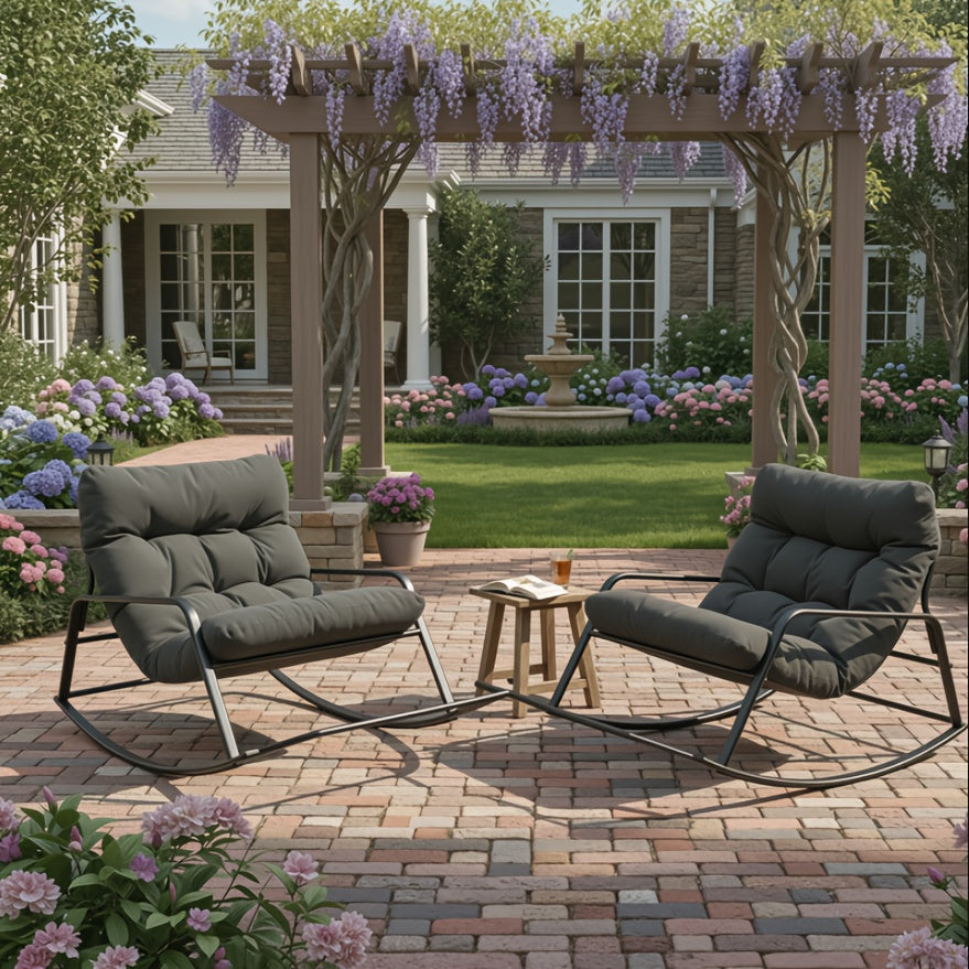 Patio Rocking Chair with Cushion in Papasan Egg Style, Grey, Beige, Khaki or Black with One or Two-Piece Options for Deck Lounging and Garden Reading