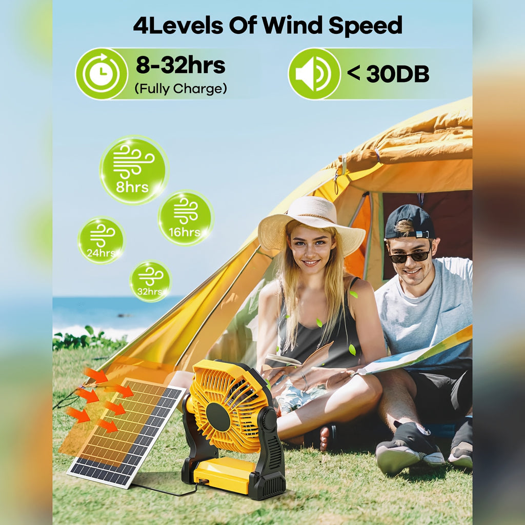 Solar Charging Camping Fan with Listed USB Battery Power and Hanging Hook, X98 Green or Black and X23 Pink, Green or Black Model Options for Picnic and Campsite Airflow