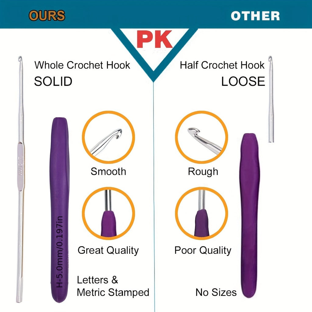 Crochet Hook Set with 21 Listed Sizes from 0.8mm to 10mm, Mixed-Color Single-Pointed Hooks and Protective Case in Grey or Lake Blue Options for Yarn Crafts