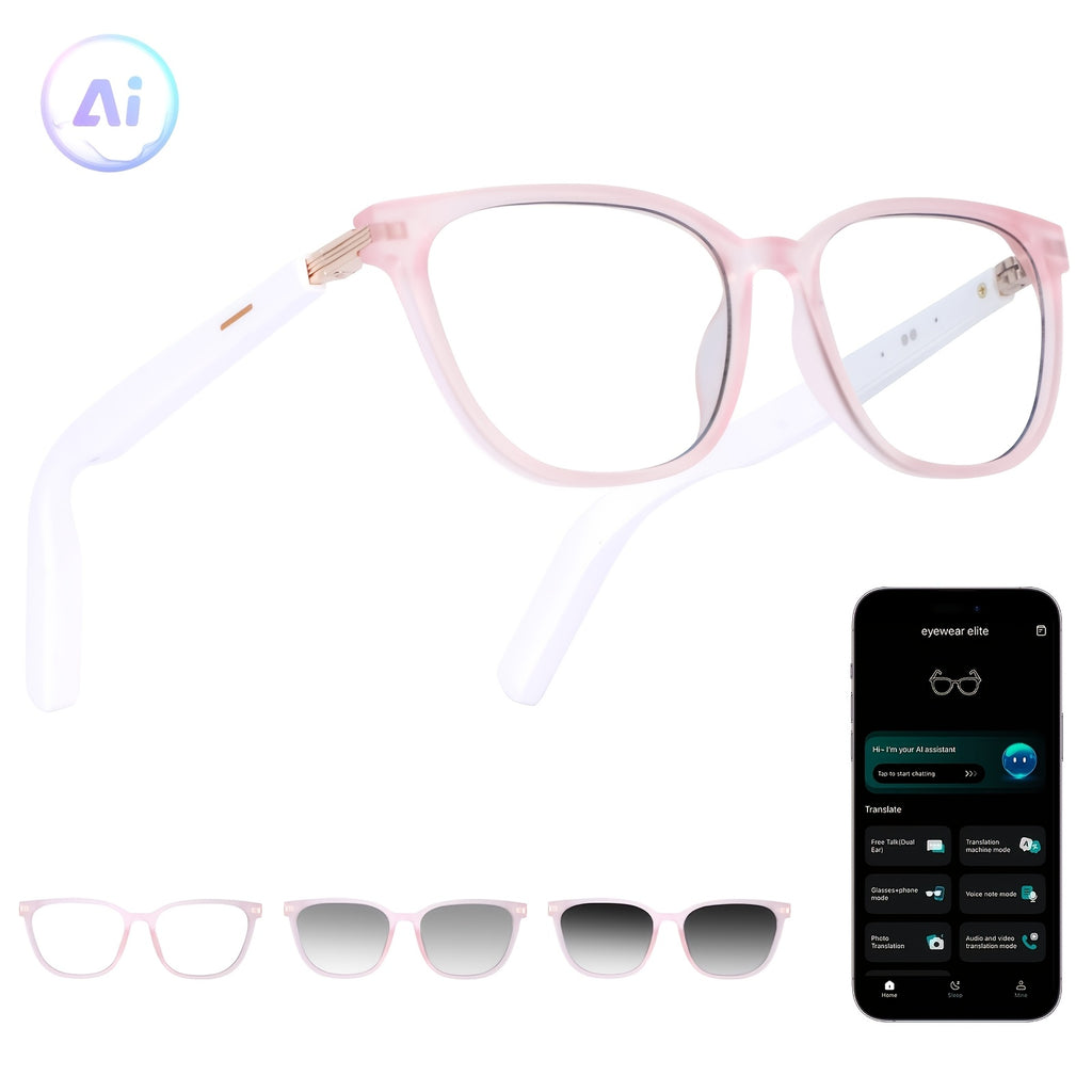 Wireless AI Translation Glasses with Listed 164-Language Support, Photochromic Lenses, Music and Hands-Free Calls in Black, Tortoiseshell or Pink
