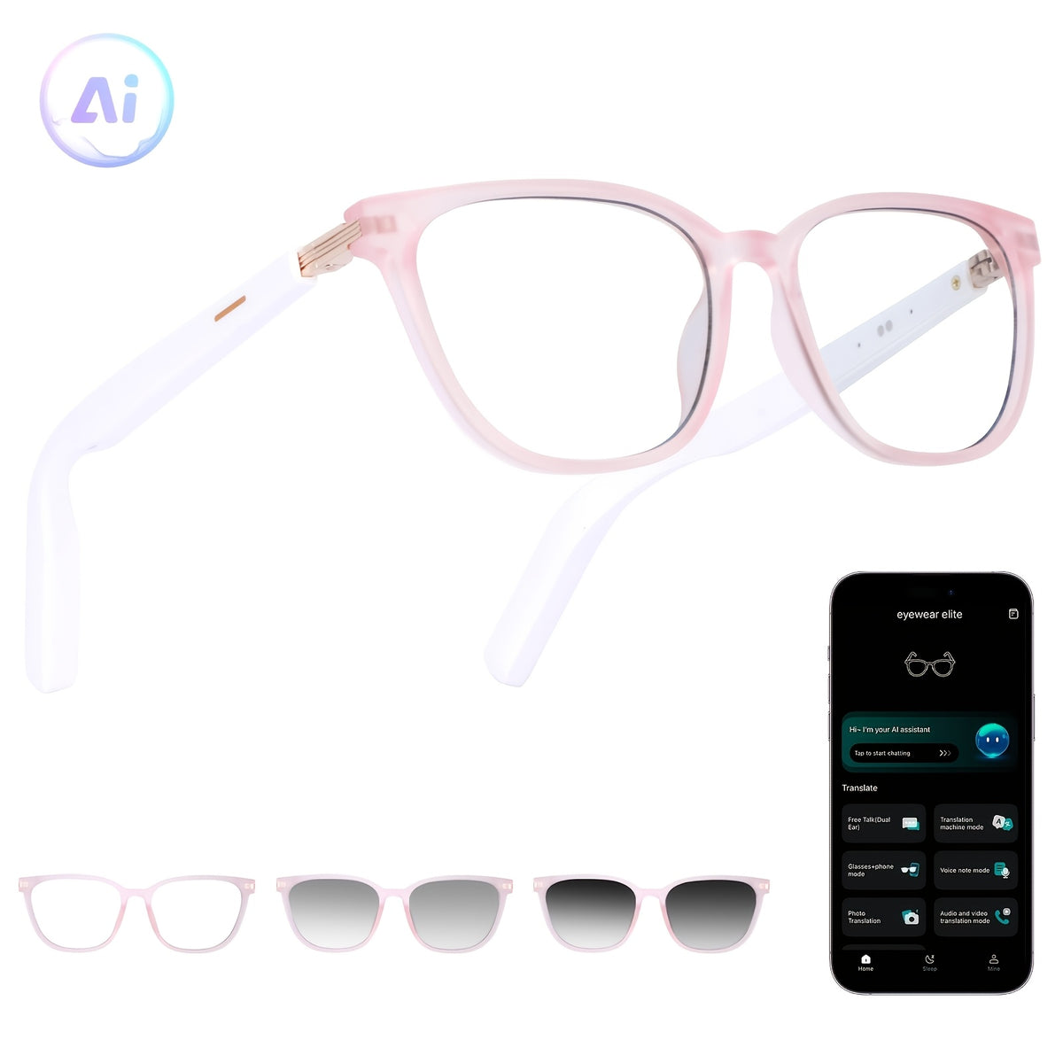 Wireless AI Translation Glasses with Listed 164-Language Support, Photochromic Lenses, Music and Hands-Free Calls in Black, Tortoiseshell or Pink