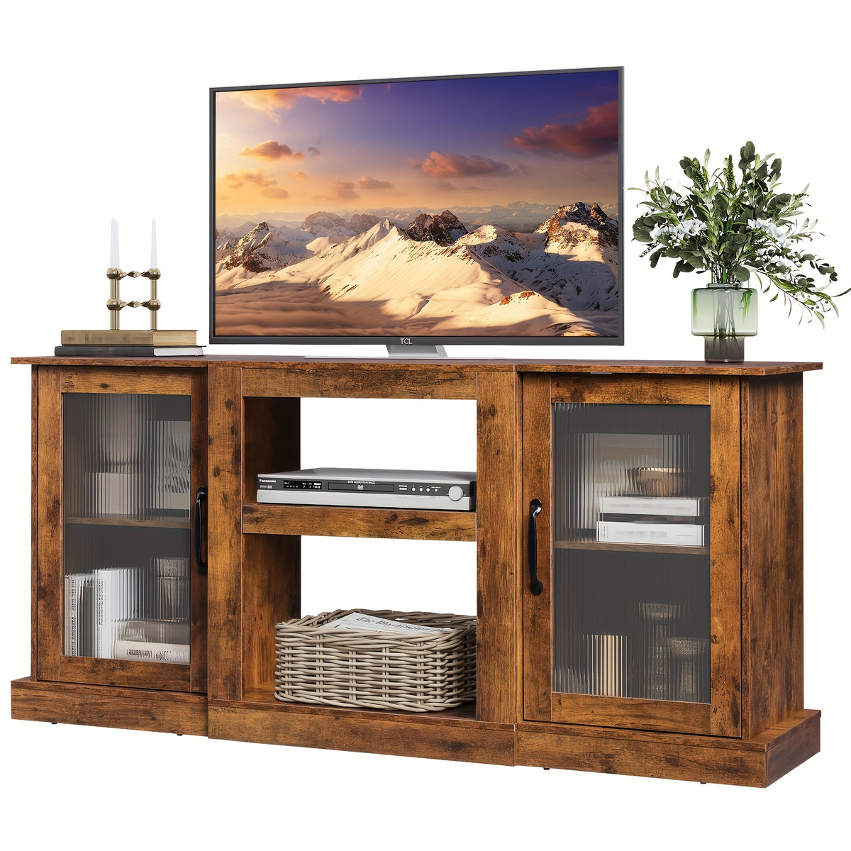 Retro TV Stand with Open Storage Shelves, Black, Rustic Brown or Greige Media Console for Compatible Television Setups in Living Rooms and Bedrooms