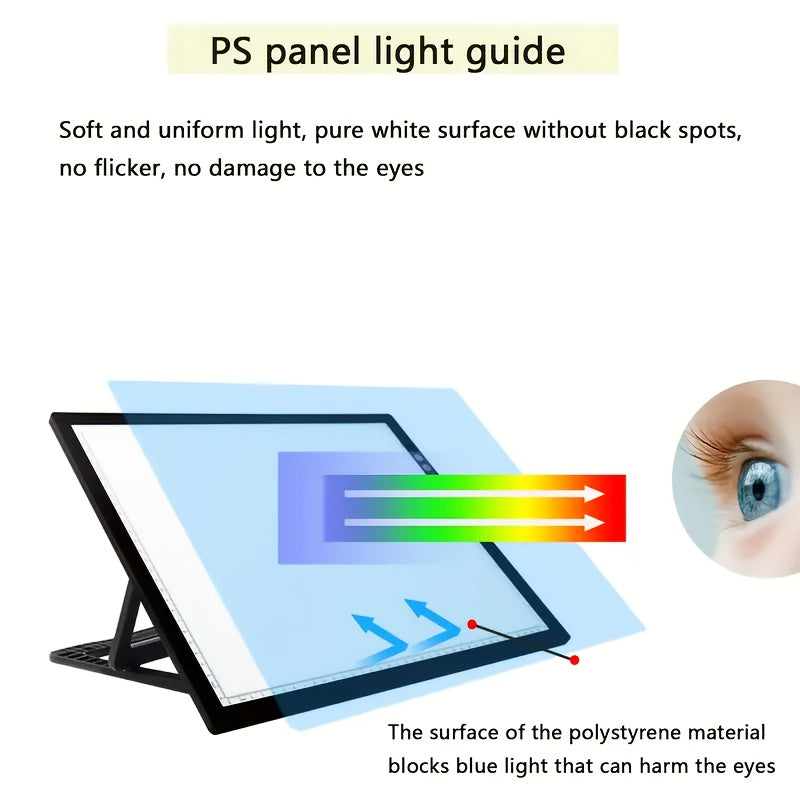 A3 Diamond Painting LED Light Box with Listed Three Color Modes and Eight Dimming Levels, USB Power, Plastic Stand and Four Swan Neck Clip Option Labels