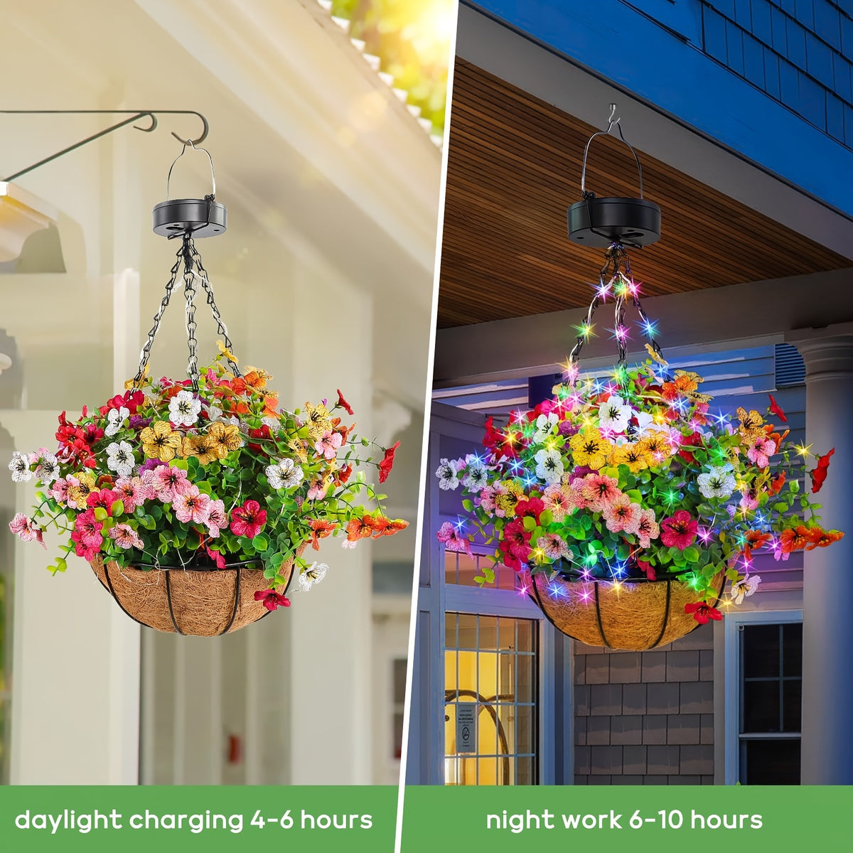 Solar Hanging Flower Baskets, Artificial Floral Decor with Coco Coir Liner and Listed 10-Inch Size, Multicolor Selection Labels for Porch and Patio Displays