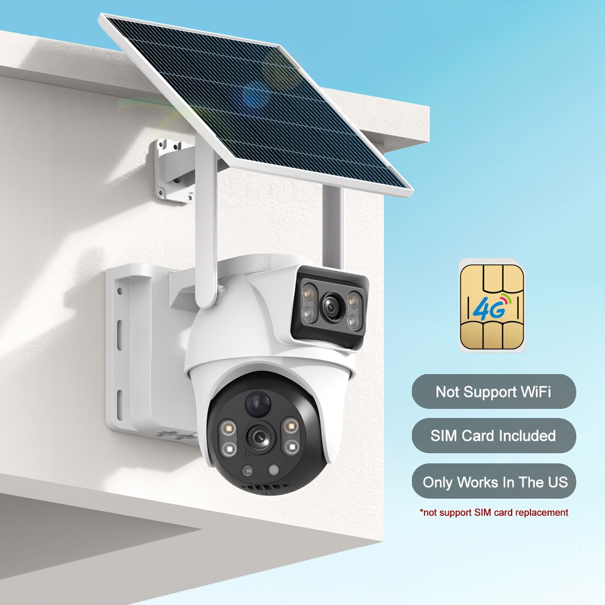 Dual-Lens Cellular Solar Security Camera, US-Only 4G LTE Outdoor Monitor with Solar Panel, Pan Tilt, Color Night Vision and Two-Way Audio, No WiFi
