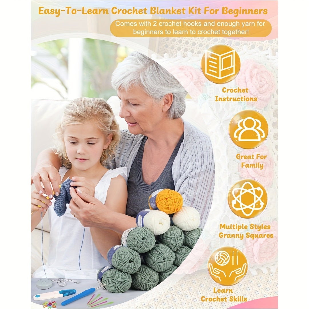 Daisy Blanket Crochet Kit for Beginners, Green Granny Square Project with Listed 19 x 50g Yarn, Two Ergonomic Hooks and Step-by-Step Diagram Instructions for DIY Crafting