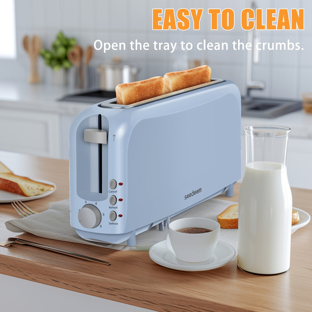 Six-Shade 2 Slice Toaster with 750W Heating, Cancel, Reheat and Defrost Functions, Removable Crumb Tray and Six Color Options for Home Breakfast Preparation
