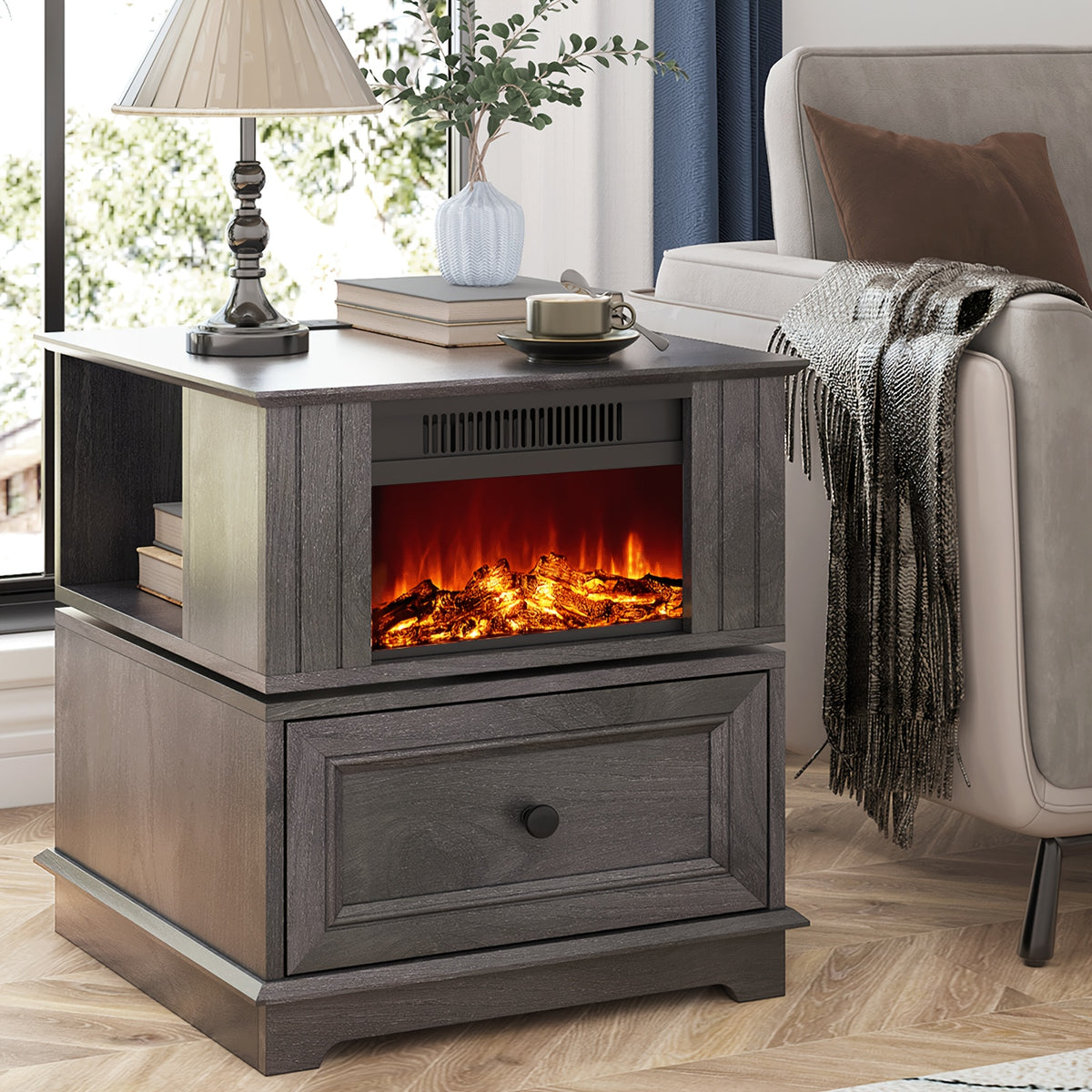 Electric Fireplace End Table with Listed 180-Degree Rotation and 13-Inch Screen, Storage and Charging Station, Six Finish Choices for Living Room Layouts