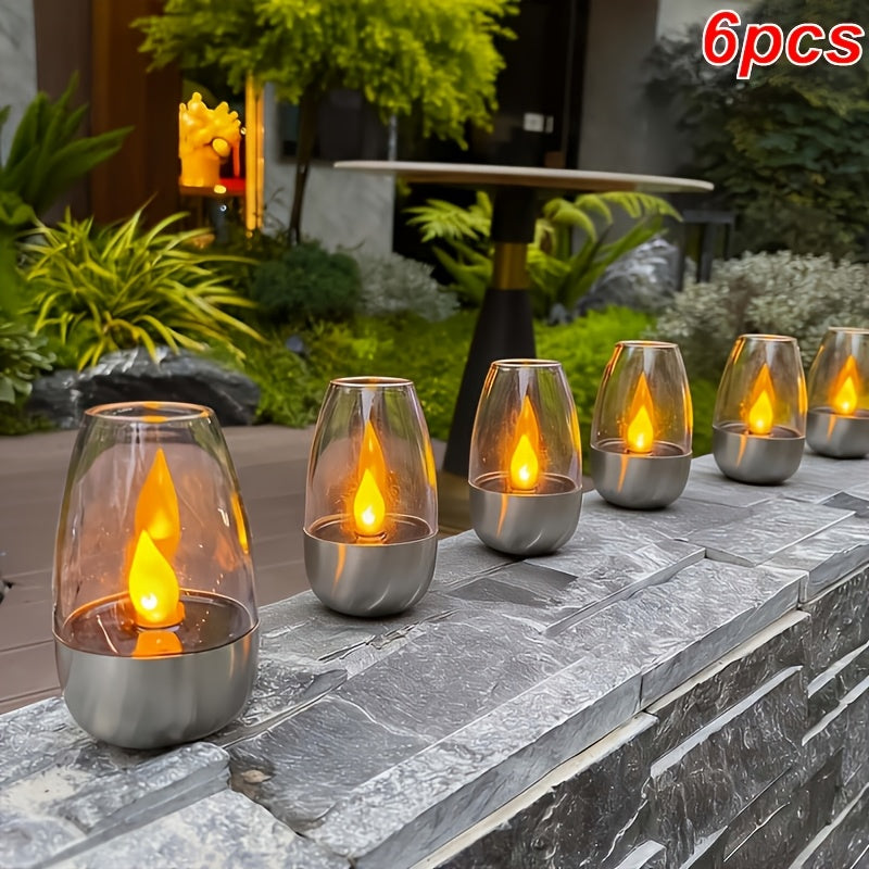 Solar Flameless LED Candles, Six-Piece Outdoor Decorative Light Set with Flickering Candlelight and Listed IP44 Rating for Patio Dinners, Weddings and Holiday Displays