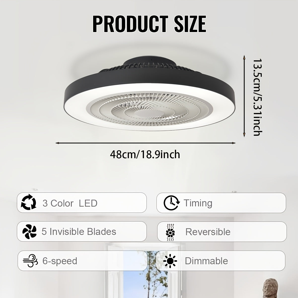 Low Profile Ceiling Fan with Light, 19-Inch Flush Mount Fandelier with Remote, Six Speeds and Dimmable 3000K–6000K LED Lighting in Black or White for Bedrooms