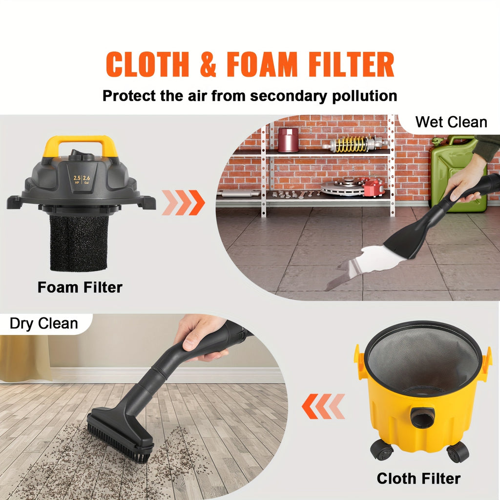 VEVOR 3-in-1 Portable Shop Vacuum 2.6 Gallon, 2.5 Peak HP Wet Dry Vac with Blowing Function and Attachments Storage, Lightweight Compact Vacuum Cleaner for Garage, Car Detailing, Workshop, Carpet, Upholstery and Home Cleanup, Black and Yellow
