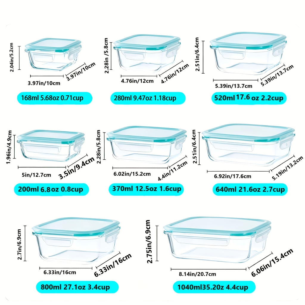 Glass Meal Prep Containers with Four-Lock Lids and Removable Silicone Seals, Listed 16-Piece Set of 8 Boxes and 8 Lids for Lunch Portions and Leftover Storage