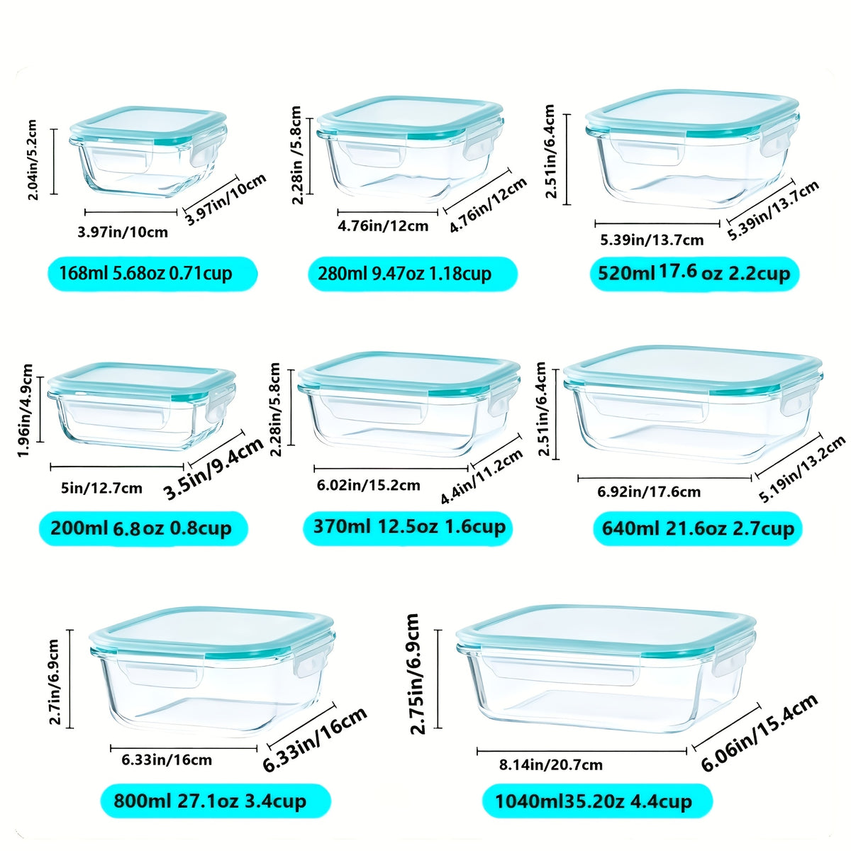 Glass Meal Prep Containers with Four-Lock Lids and Removable Silicone Seals, Listed 16-Piece Set of 8 Boxes and 8 Lids for Lunch Portions and Leftover Storage