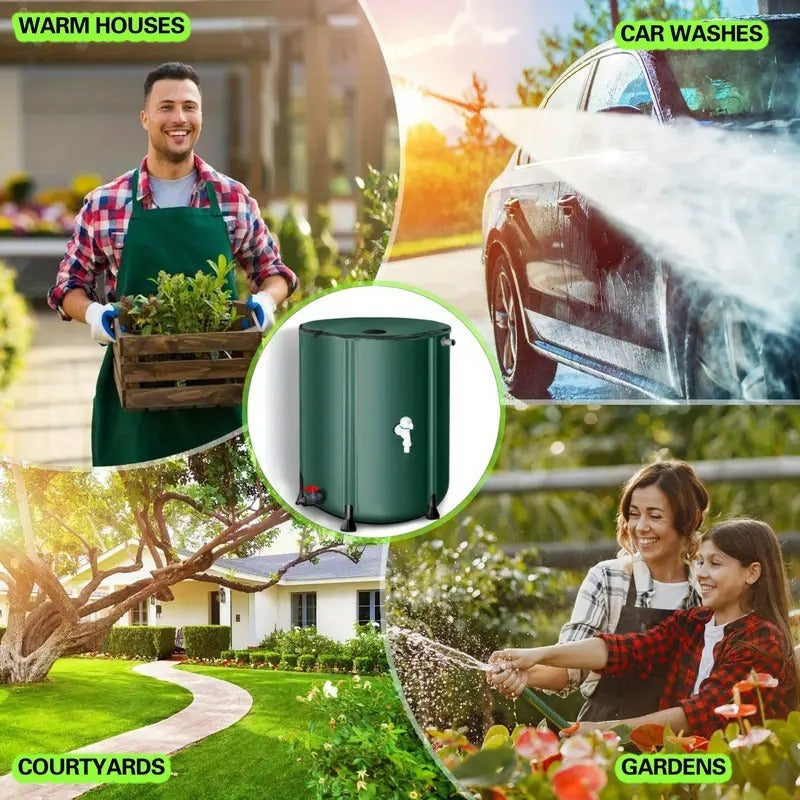 Rain Barrel Water Collection Tank with Multiple Listed Capacities, Plastic Garden Water Storage Container in Black or Green for Backyard Watering and Lawn Care