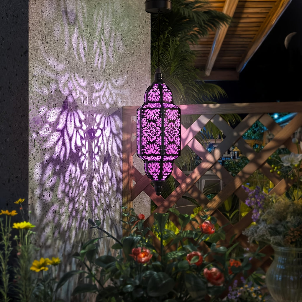 Hexagonal Solar Hanging Lantern, Moroccan-Inspired Hollow Iron Garden Light with Floral Pattern Projections and Automatic Night Lighting for Patio and Porch Decor