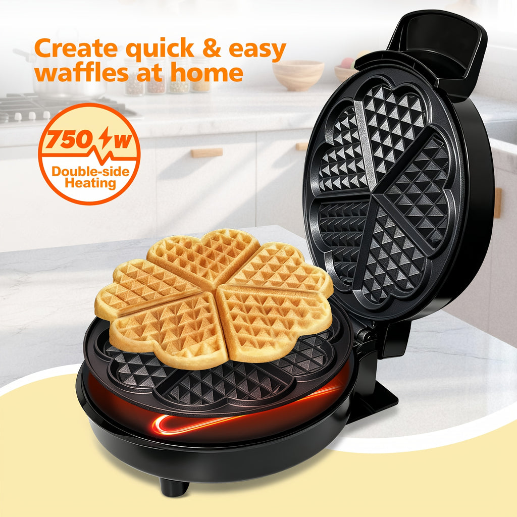 Heart-Shaped Waffle Maker 750W, Mini Nonstick Wafflera with Dual-Side Heating, Indicator Lights and Compact Space Saving Design, Easy to Clean Breakfast, Brunch and Treat Maker for Kids, Couples and Valentine's Day, Easy Gift