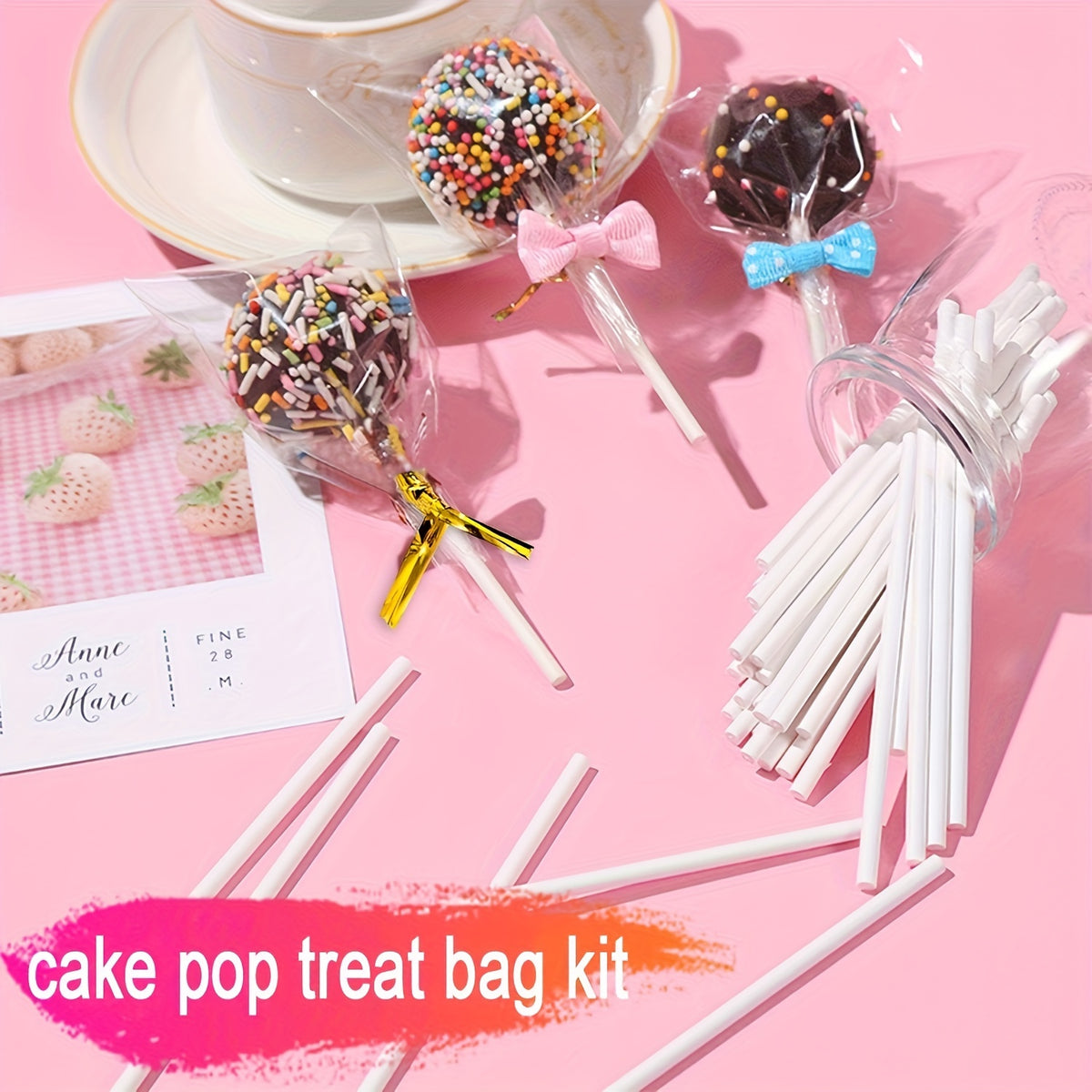 Cake Pop Treat Bag Kit, 297-Piece Mixed Set of Plastic Bags, Lollipop Sticks and Golden Metallic Twist Ties for Candy Packaging and Party Favor Presentation