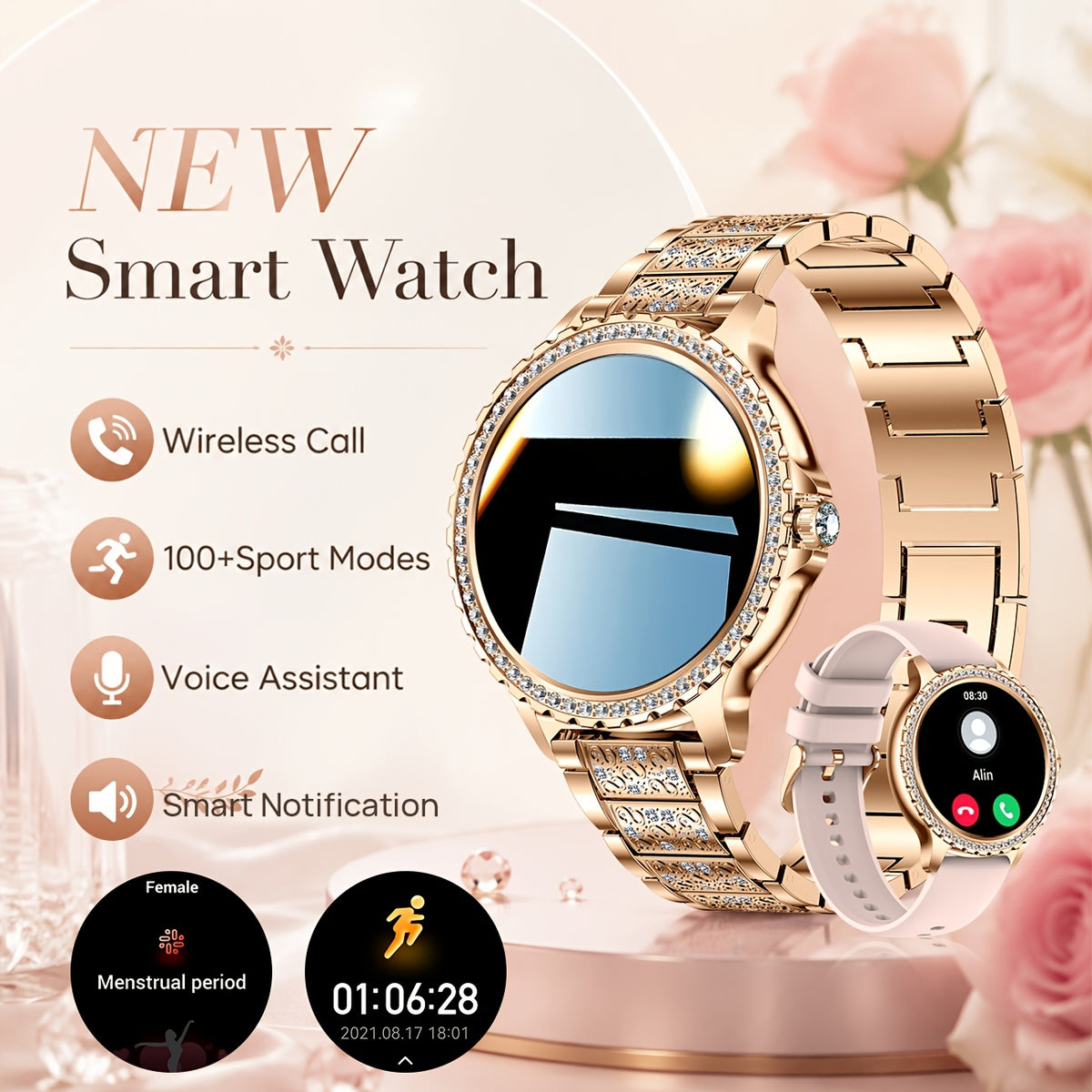 Women's Smartwatch by LIGE with Listed 1.32-Inch HD Display, Wireless Calling and 20 Sports Modes, Golden, Golden Mesh Belt or Silvery Options for iPhone Android