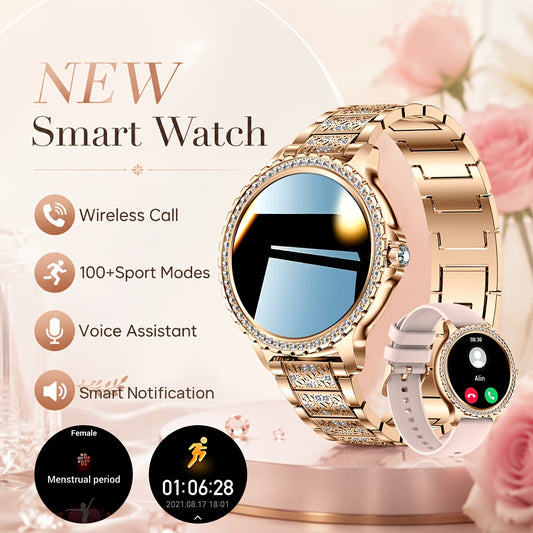 Women's Smartwatch by LIGE with Listed 1.32-Inch HD Display, Wireless Calling and 20 Sports Modes, Golden, Golden Mesh Belt or Silvery Options for iPhone Android