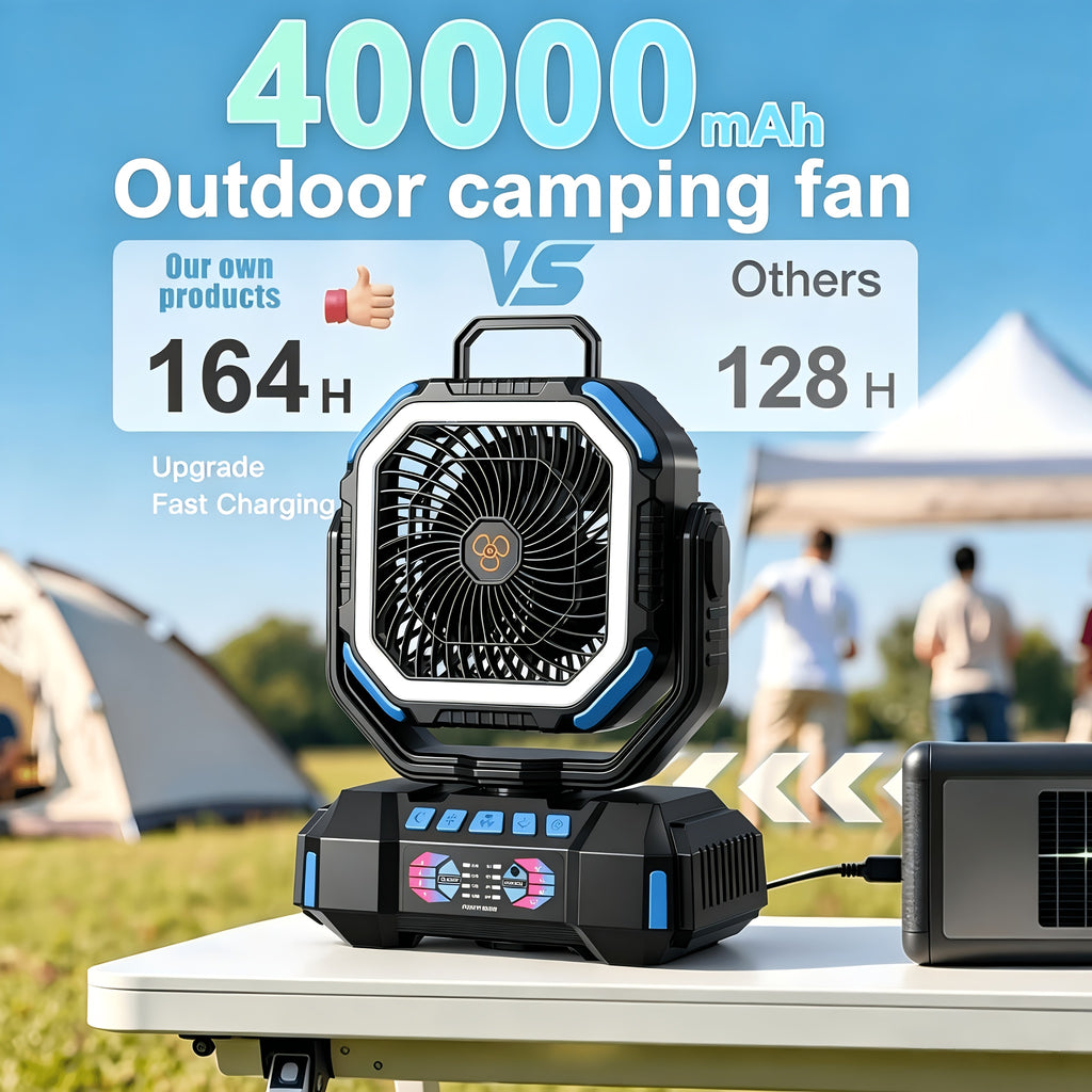 F6 Camping Fan with Four Speeds, Five-Level LED Light, Timer and Power Bank Function, Listed 40000mAh Model in Blue, Green or Orange for Tent and Home Use