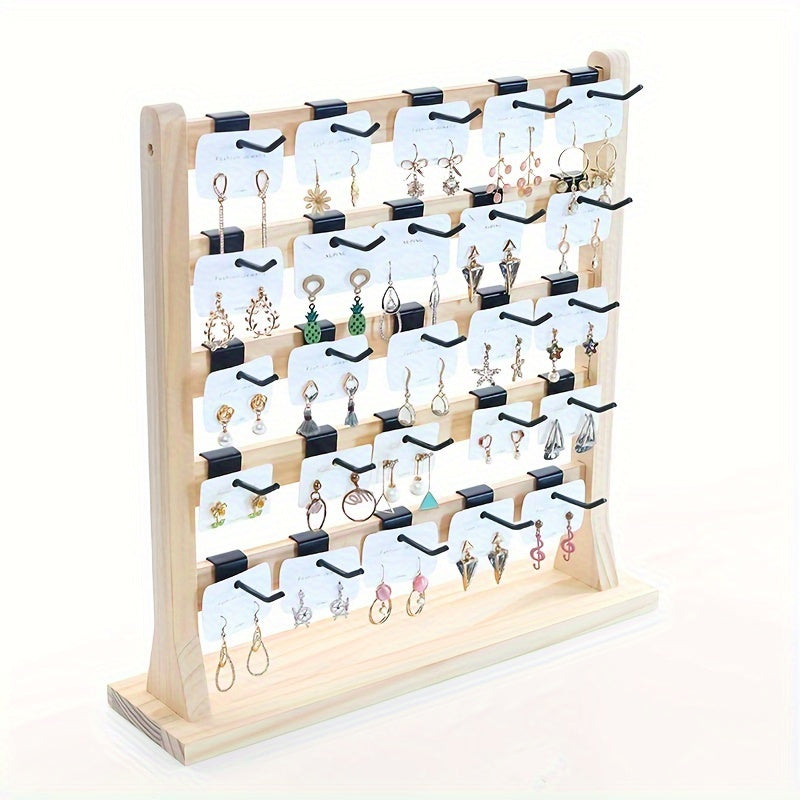 Tiered Wooden Jewelry Display Rack, Earring Card and Necklace Organizer with Removable Metal Hooks in 4, 5 or 6-Layer Light Wood and Oak Color Options