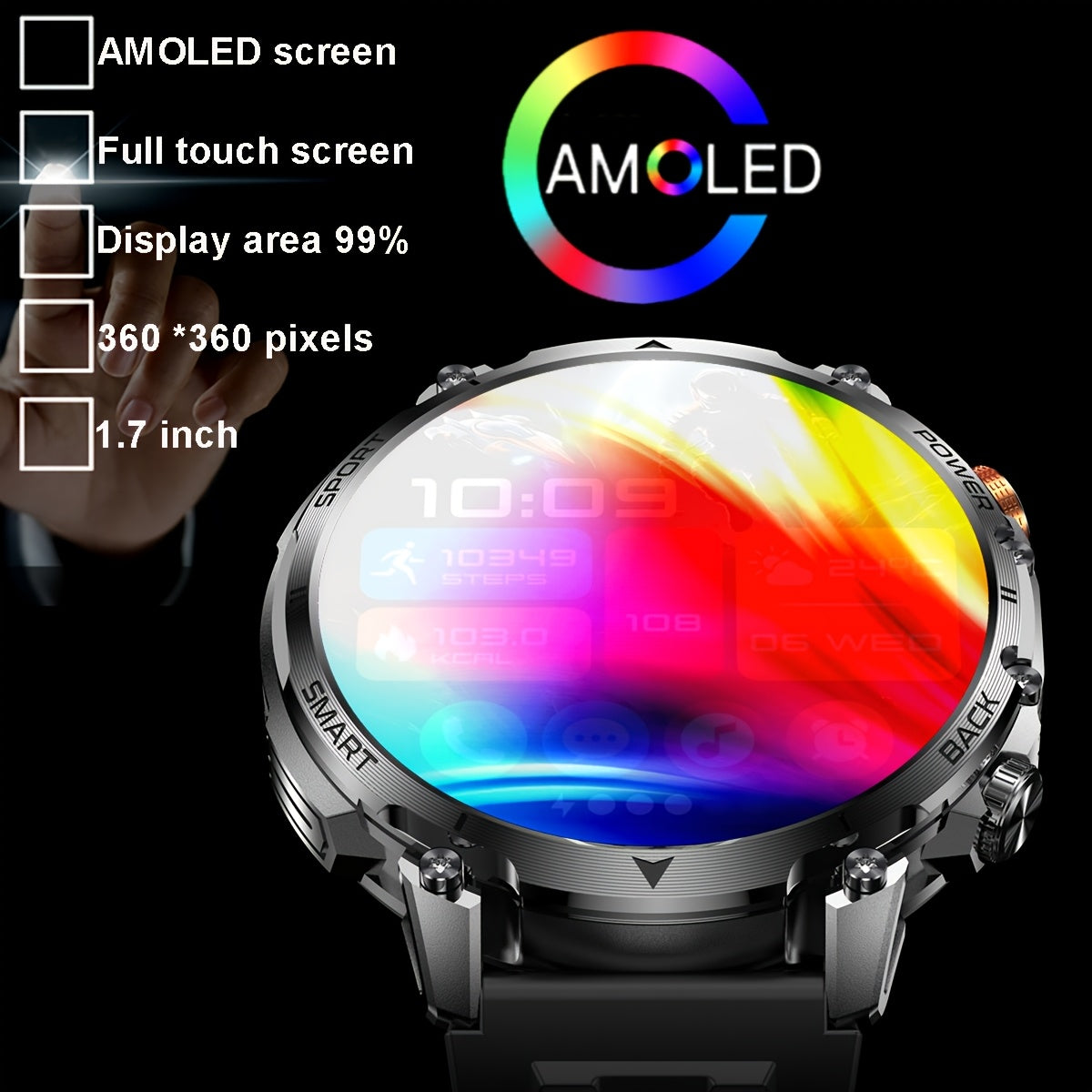 AMOLED Outdoor Smartwatch for Men by COANR with 1.7-Inch Touchscreen, 1400mAh Battery, Compass, LED Flashlight, AI Assistant and Wireless Calling