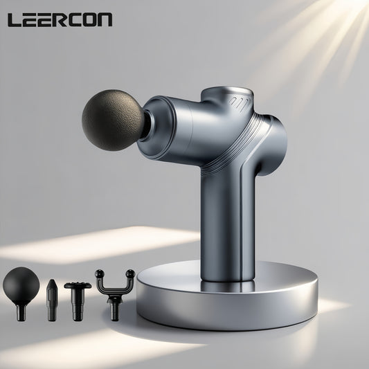 Handheld Massage Gun by LEERCON with Four Massage Heads and Six Adjustable Speeds, Portable Personal-Care Massager in Grey or Blue for Home Massage Routines