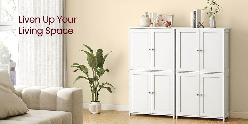 Shaker Style Floor Storage Cabinet with Four Doors, Two Cupboards and Two Adjustable Shelves, Green, White or Blue Freestanding Organizer for Home Essentials