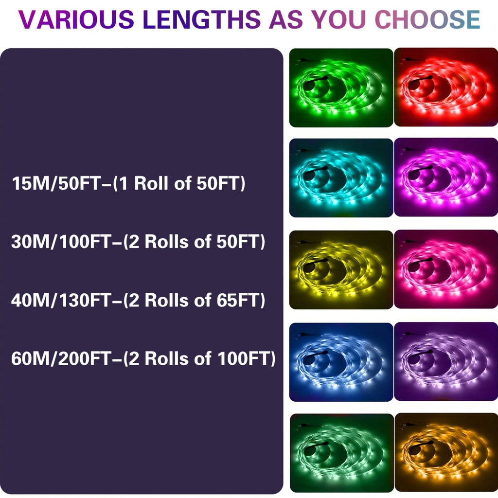 App-Controlled RGB LED Light Strips with Listed Music Sync and Remote Control, 200FT or 130FT Length Labels for Bedroom, Living Room and Holiday Decor