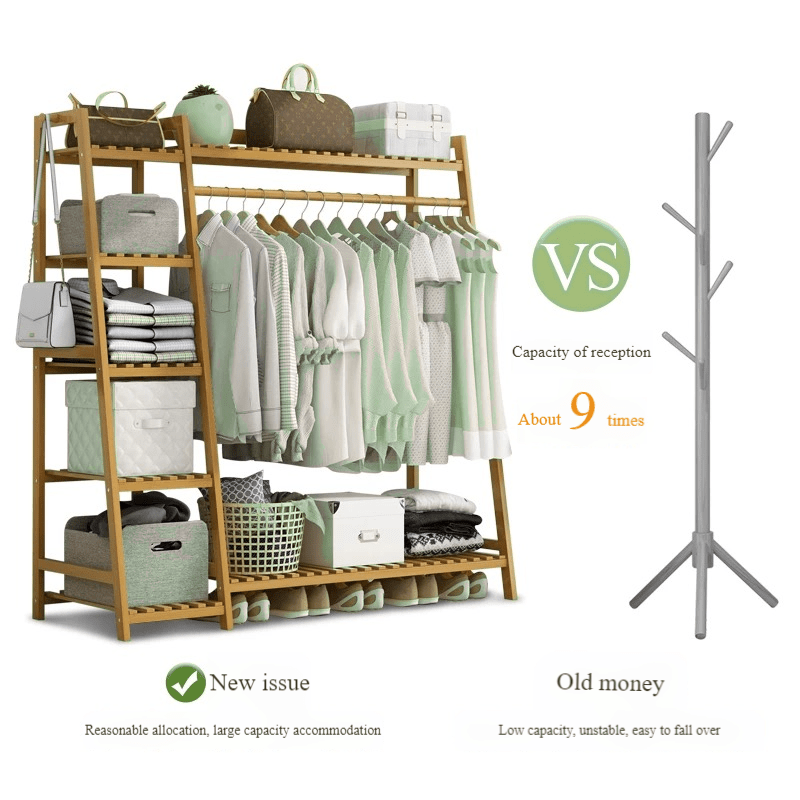 Bamboo Garment Rack with Adjustable Shelves, Five Side Storage Racks and Hat Hooks for Bedroom Organization, Brown or Nature with Four Size and Bag Option Labels