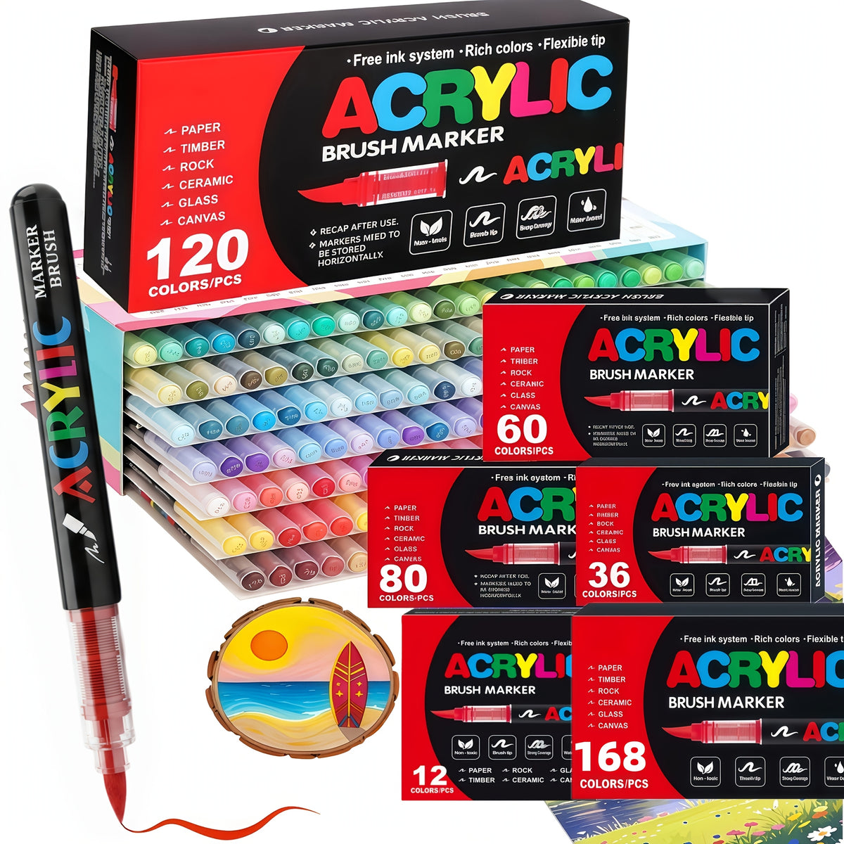 Brush Tip Acrylic Paint Markers for Rock Painting, Wood, Canvas, Glass and DIY Crafts, Art Pen Set Options from 12 Pieces to a Listed 168-Color Selection