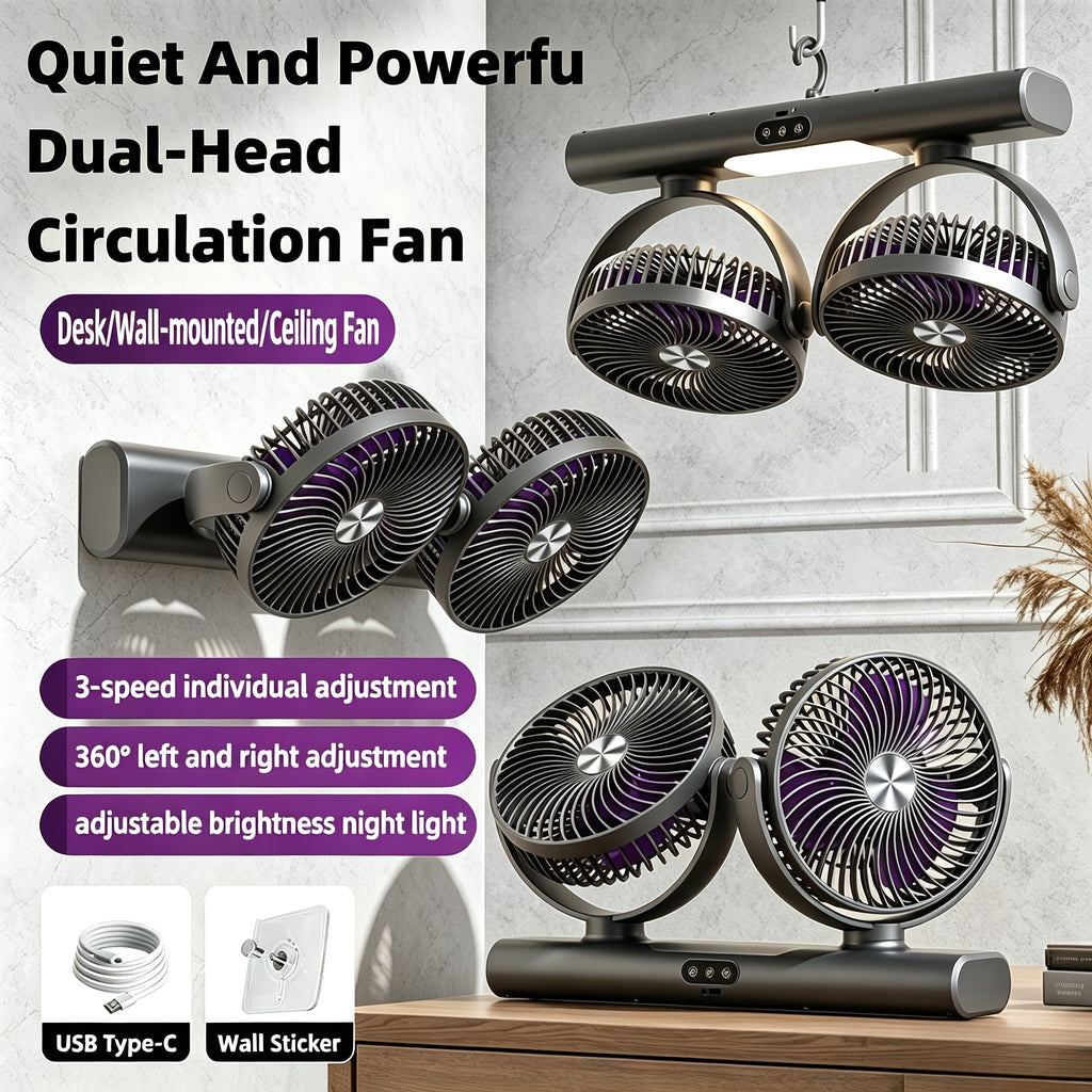 Grey Dual-Head Desktop Fan with Listed USB Charging, Three-Speed Adjustment, Multi-Angle Airflow and Ambient Night Light for Home, Office and Camping Use